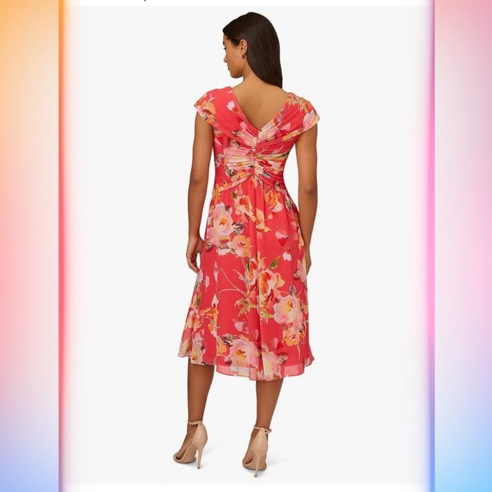 Adrianna Papell Coral Multi Floral Printed Front Twist Midi Chiffon Dress - Picture 2 of 11